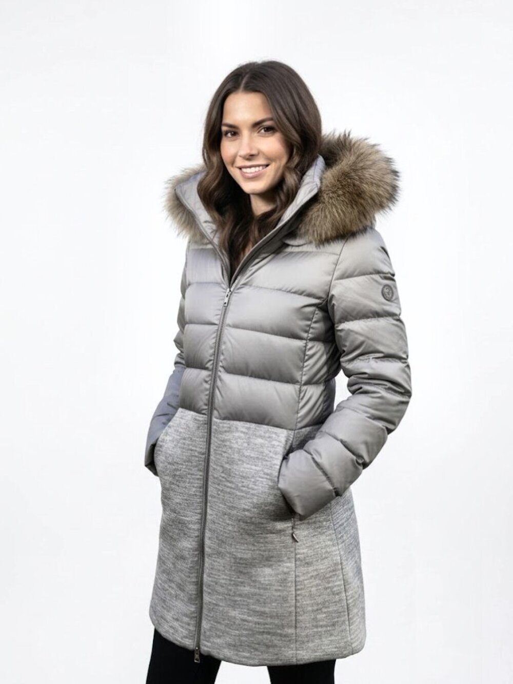 Soia & Kyo Valery-C Mixed Media Coat, Light Grey-Coyote Fur Ruff, Women's Size S